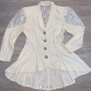 VINTAGE BUTTON UP IVORY BLOUSE WITH LACE DETAILS